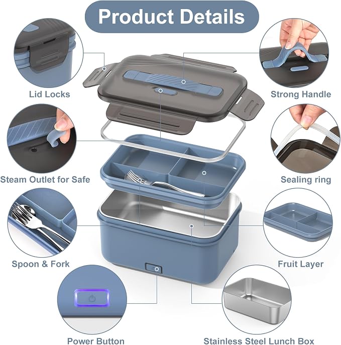 Herrfilk Electric Lunch Box Food Heater 100W, 4 in 1 Ultra Quick Heated Lunch Boxes for Adults 12V/24V/110V/220V Portable Food Warmer for Car/Truck/Office With Fork Spoon and Insulated Carry Bag