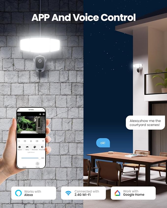 Olafus Floodlight Camera Outdoor – 2K QHD Security Cam with Motion-Activated Flood Lights, Custom Detection Zones, Color Night Vision, 2-Way Talk & 55W Dimmable Lighting White Cream