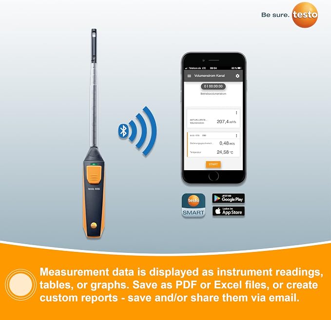 testo 405i Anemometer Handheld for Air Celocity, In-Duct Airflow and Temperature – CFM Meter with Extendable up to 15" Telescopic Shaft - Wind Meter with Bluetooth and App Operation
