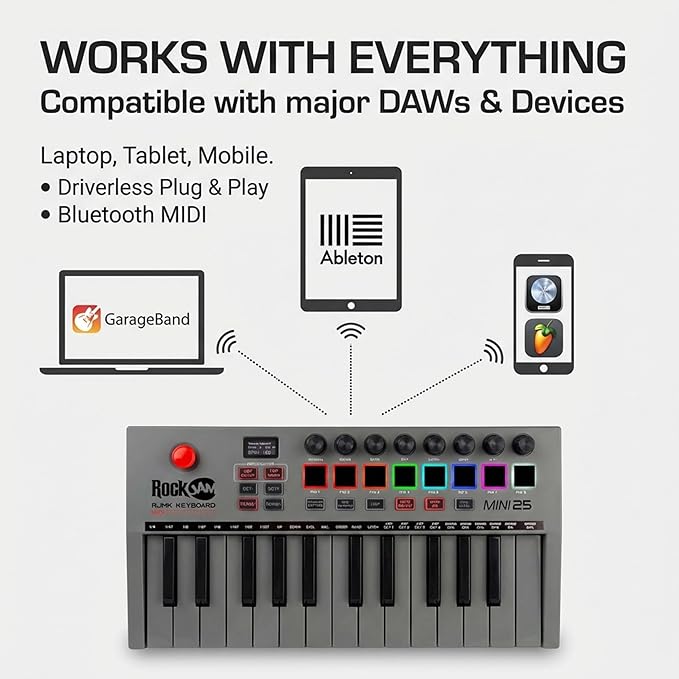 RockJam 25-Key Rechargeable USB MIDI Keyboard Controller – Mini Piano Keyboard with Velocity-Sensitive Pads, Synth Controller, Bluetooth/Wired MIDI, Arpeggiator, DAW Compatible