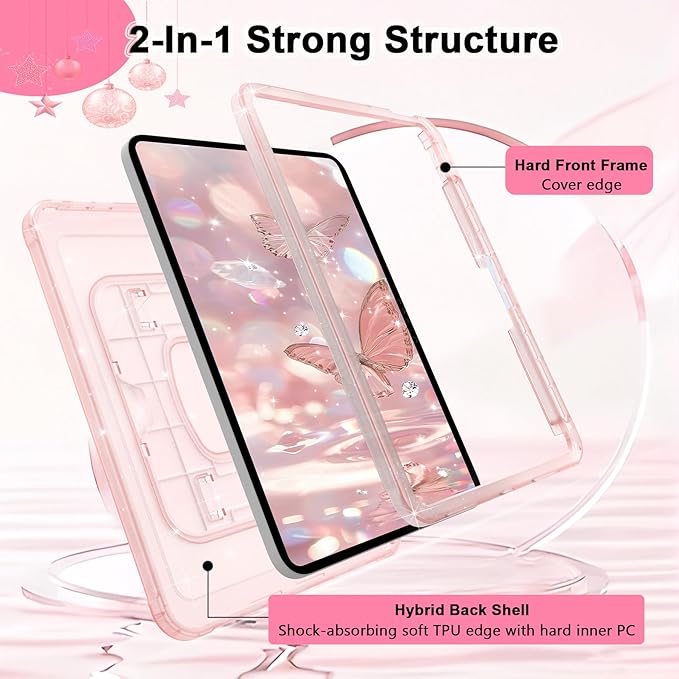 CCMAO Case for iPad (A16) 11th 11" 2025, iPad 10th Generation 2022 with Pencil Holder & Kickstand, Shockproof Protective Slim Thin iPad Case with Glitter Back Cover, Pink Glitter