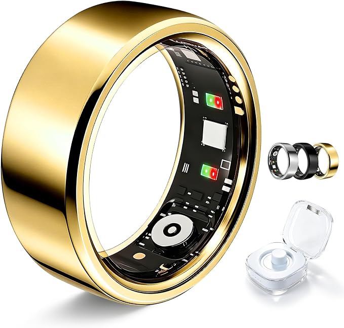 Smart Ring for Women Men Fitness Tracker Heart Rate Sleep Trends 128 Sports Modes Gesture Control Cycle Tracking IP68 Waterproof No Subscription Compatible with iPhone Android (Gold, Size 10)