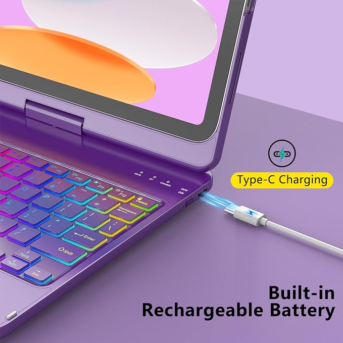 HOTLIFE for iPad A16 11th Generation/10th Generation Case with Keyboard,Touch Keyboard for iPad 11" /10th Gen 10.9 inch 2022-10 Color Backlight, 360° Rotatable Protective Cover (Purple)