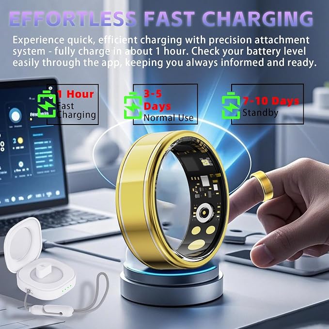 Smart Ring Health Tracker, Fitness Tracker Ring for Women Men, Monitoring of Pedometer, SpO2, Sleep Quality, Heart Rate, No Subscription Fee, Sport Rings for iOS & Android (Gold 12)