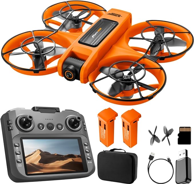 RC Drone With Screen On Controller (4.92in), UHD Dual Camera, Brushless Motor, Optical Flow Hovering, 360° Propeller Guard, 6-Axis Gyro, Headless Mode, One-Key Takeoff/Landing, 3-Speed Adjustable, 50X Zoom, Gesture Control, Trajectory Flight, Night LED...