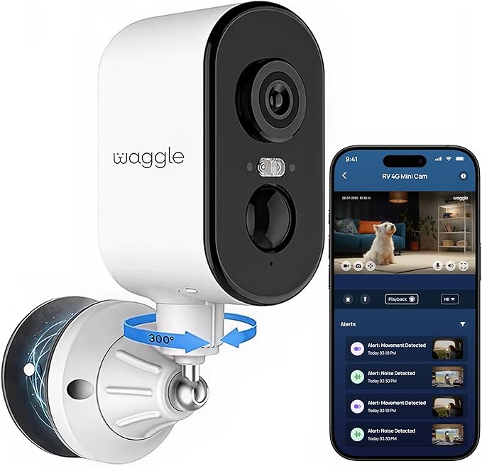 Waggle 4G LTE Cellular Security Camera, Built in SIM Card, 2K HD Pet Monitor, 300° Pan, No WiFi, 9000mAh Battery, Night Vision & 2-Way Talk - RVs/Camping/Travel & Outdoor - Subscription Required