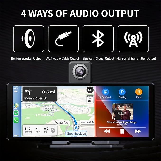 10 Inch Wireless Apple CarPlay & Android Auto Screen for Car with 4K Dash Cam,Ultra-Light Touchscreen, IP68 1080P Backup Camera, GPS Navigation, Voice Control, Mirror Link(No Card)