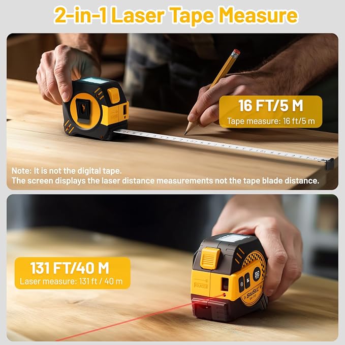 2 in 1 Laser Tape Measure, Rechargeable Laser Measure & 16ft Self-Locking Measuring Tape, Digital Laser Distance Meter with Pythagorean, Area, Volume Measuring, Unit Switchable