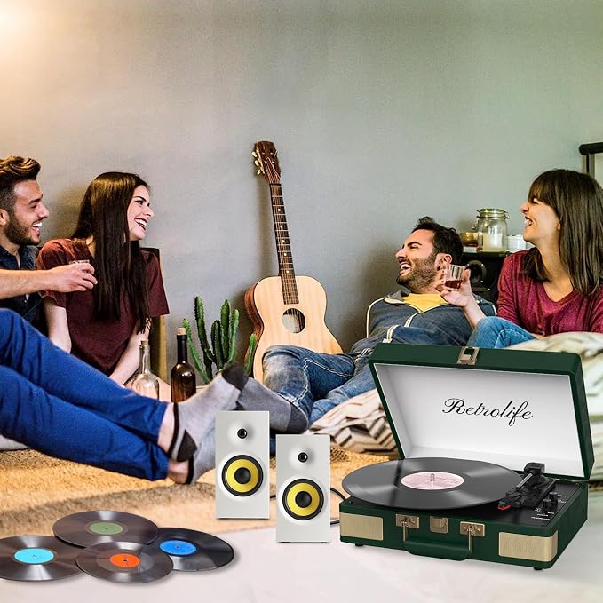 Record Player 3 Speed Bluetooth Portable Suitcase Vinyl Player with Built-in Speakers Turntable Enhanced Audio Sound PU Leather Vintage