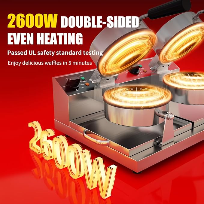 CROSSON Commercial Double Waffle Maker,Professional Dual-Head Round Belgian Waffle Maker Non-Stick Plate Machine with Temp and Time Control for Home Kitchen,Restaurant Bakeries Kitchen 120V/2600W