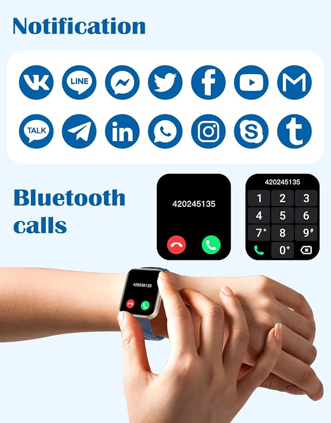 RUIMEN Smart Watches for Women Men (Answer/Make Calls) Compatible with iPhone/Android Phones, 1.85" HD Screen Fitness Tracker Heart Rate Monitor 100+ Sports Tracker Watch Waterproof (Blue)