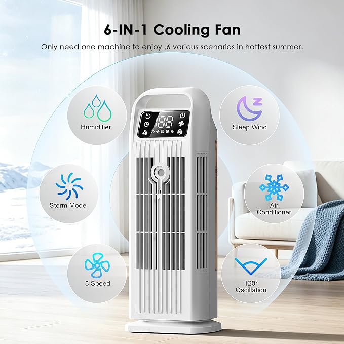 Portable Air Conditioners, 4 IN 1 Evaporative Air Cooler, 1200ML Water Tank, 3 Speeds & Storm Mode & Mist Spray, 120° Auto Oscillation, 12H Timer, Quiet Tower Cooling Fan for Room, Bedroom - White ﻿