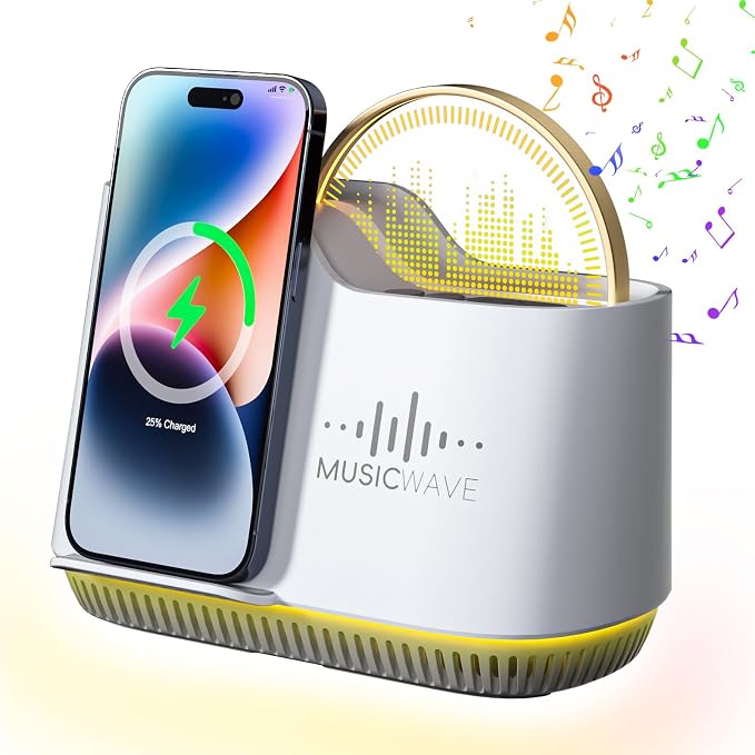 Night Light Bluetooth Speaker, Touch Control Bedside Lamp with Dimmable Dynamic Colored Lights, 15W Wireless Charging Station, Phone Holder, Gifts for Girls Boys Women Gifts Room Decor