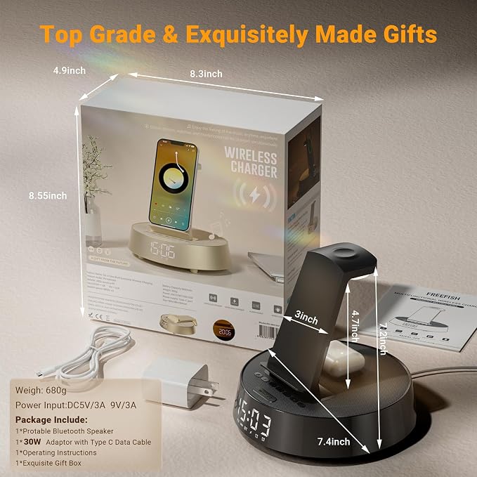 Alarm Clock with Wireless Charging Station, Clock for Bedroom with Night Light Bluetooth Speaker, Wireless Charger Dock Station for iPhone 17 16 15 14 13 12 Pro Max, Apple Watch 11, AirPods 3 (Black)