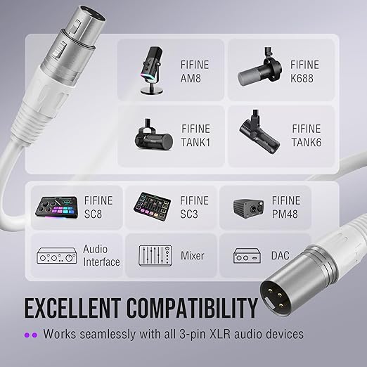 FIFINE XLR Cable 10ft, Male to Female Microphone Cable with Balanced 3-Pin Mic, Studio Quality Audio Cord for Podcasting, Streaming, Recording, Home Studio,Compatible AM8W, K688W-L9W White