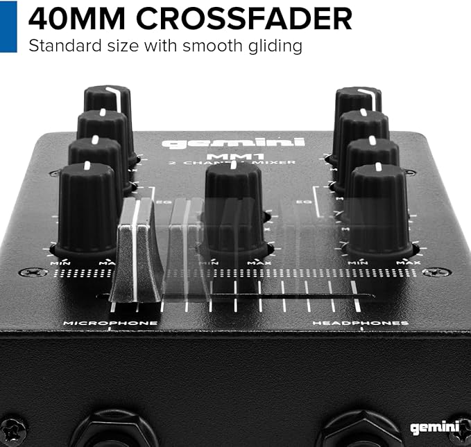 Gemini Portable 2-Channel DJ Mixer with Crossfader & EQ (MM1) | Portable 2-channel DJ mixer - full-size crossfader, 2-band EQ, gain - all-metal body - RCA & mic in
