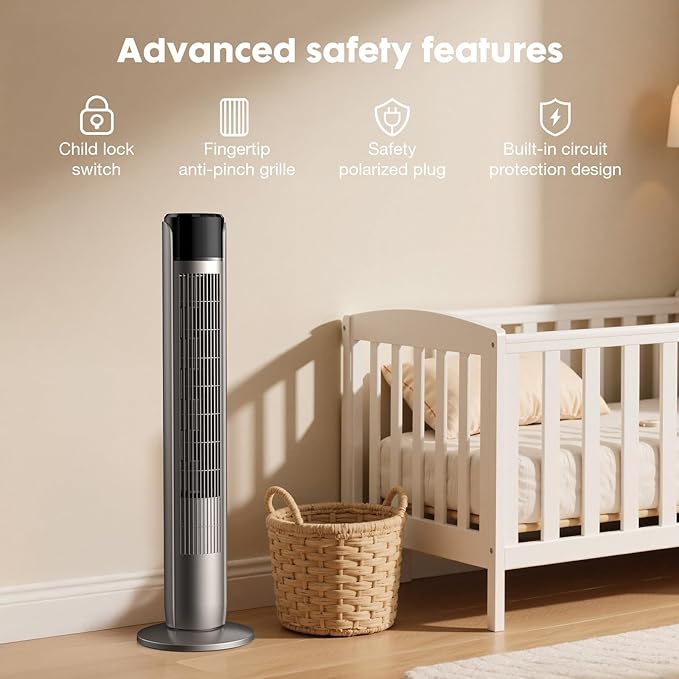 OLIXIS Tower Fan for Bedroom, 60°Oscillating Fan with Remote, 25ft Far, 28dB Quiet Electric Standing Fan, 12 H Timer, 5 Speeds, 4 Modes, Bladeless Floor fan for Home, Office, Indoor, 36 Inch