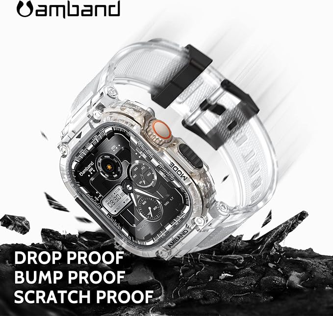 amBand Bands Case Screen Protector Compatible with Apple Watch Ultra 3/2/1 49mm, M1 Sport Series Rugged Cover Strap and 9H Tempered Glass Film, Military Protective Bumper for iWatch 49 mm Men Clear
