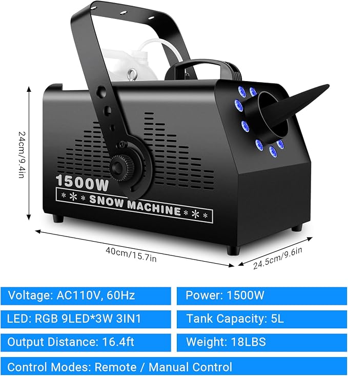 1500W Snow Machine: 9 LEDs Light - Wired & Wireless Remote Control- 7 Color Lights Effect - Snowflake Maker for Outdoor Party Wedding Stage Backyard Events