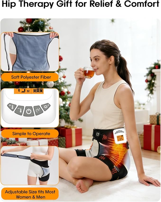 Cordless Hip Heating Pad for Sciatica Pain Relief - Rechargeable & Adjustable Size Hip Massager with 3-Level Vibration Massage, 104-140℉ Heated Hip Brace for Sciatica, Arthritis and Muscle Soothing