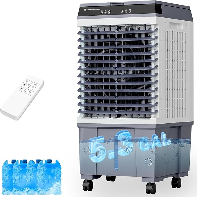 Swamp Cooler Air Conditioner, Portable Evaporative Cooler 5 Gal Water Tank | 1700 CFM, 120° Oscillation, 3 Speeds&Modes,12H Timer, Remote&Touch, for Garage, Large Room, Dry Climate