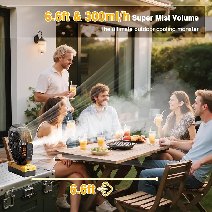 Portable Misting Fan, 36000mAh Rechargeable Battery Powered Camping Fan with 460ml Tank & 6.6ft Mist, 4 Speeds 2 Light Modes for Outdoor Patios Travel Jobsite Beach Summer Essentials - Yellow