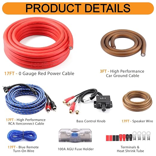 0 Gauge Amp Wiring Kit 3000W Complete Amplifier Installation Kit with Bass Control Knob for Car Audio Subwoofer System