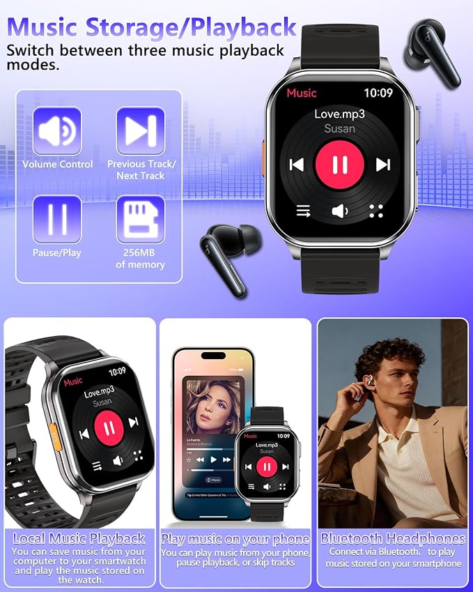 Smart Watches for Men Women with Built-in Camera 2.01" Touch Screen Play local music Save music Fitness with Heart Rate/SpO2/Sleep Monitor IP67 Waterproof Smartwatch for Android iOS 100+ Sports Modes