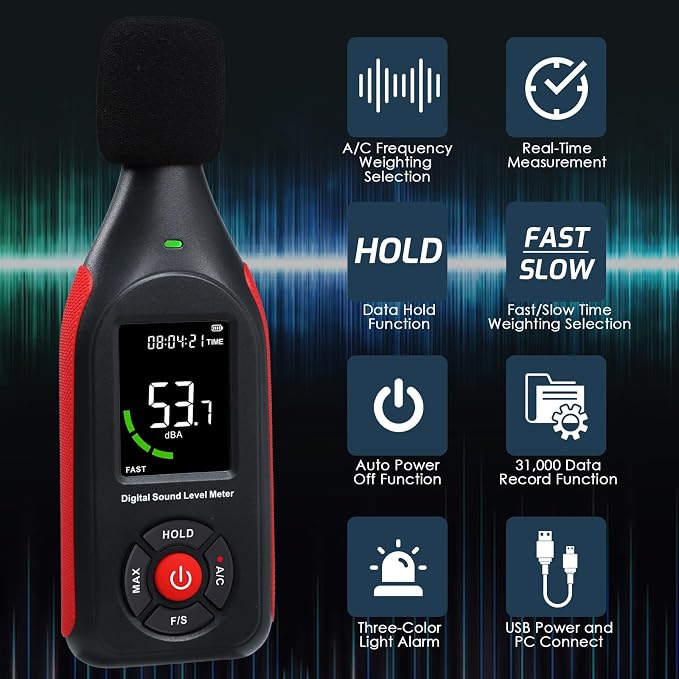 Decibel Meter Sound Level Data Logger, Portable SPL Meter Noise Monitor with Data Logging & Graph Printing, A/C Weighted, Fast/Slow, MAX, Data Hold, 3-Color Alarm dB Meter for Noisy Neighbor Factory