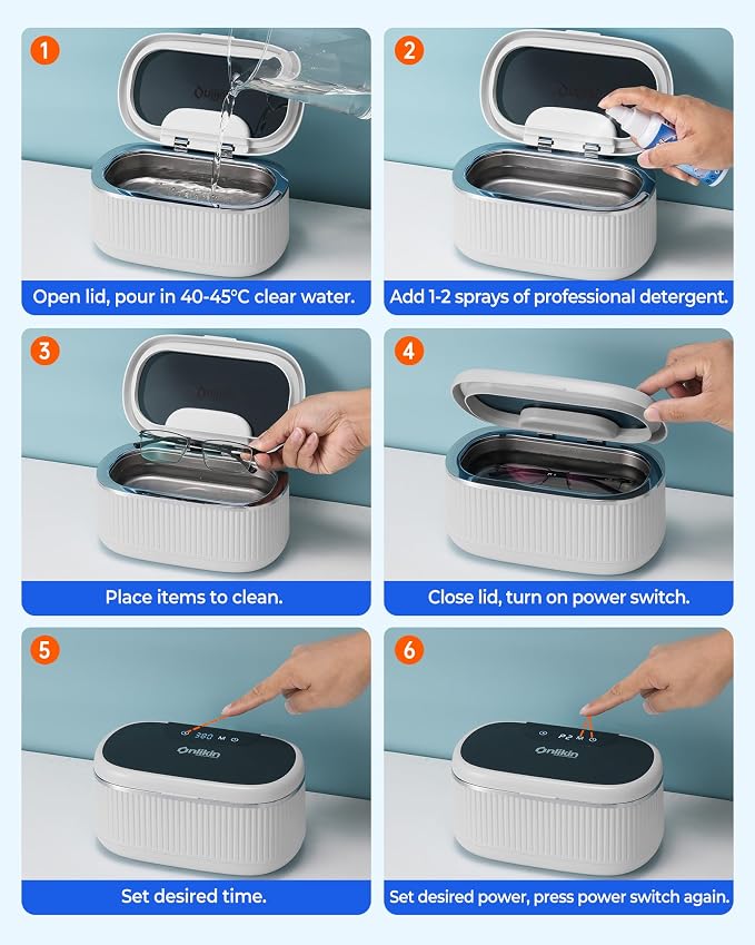 45KHz Ultrasonic Jewelry Cleaner, 5 Timer & 3 Power Modes, 35W Retainer Cleaner for Jewelry, Eyeglasses, Rings, Watch Strap, Dentures - Quiet <38dB, 20oz, 304 Stainless Steel (Ceramic White)