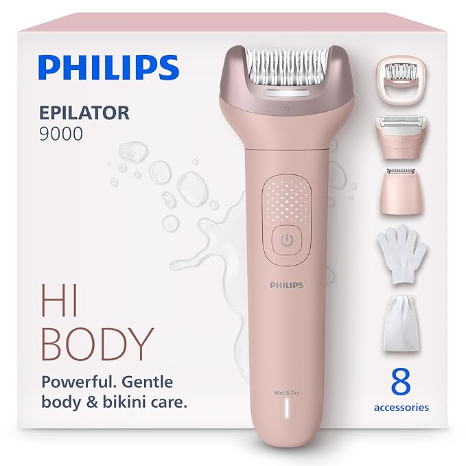 Philips Epilator Series 9000 - Cordless Wet and Dry Electric Epilator, Hair Removal for Legs, Body and Bikini, with ProGuide, 8 Accessories, 60 min. Runtime, Model BRE717/00