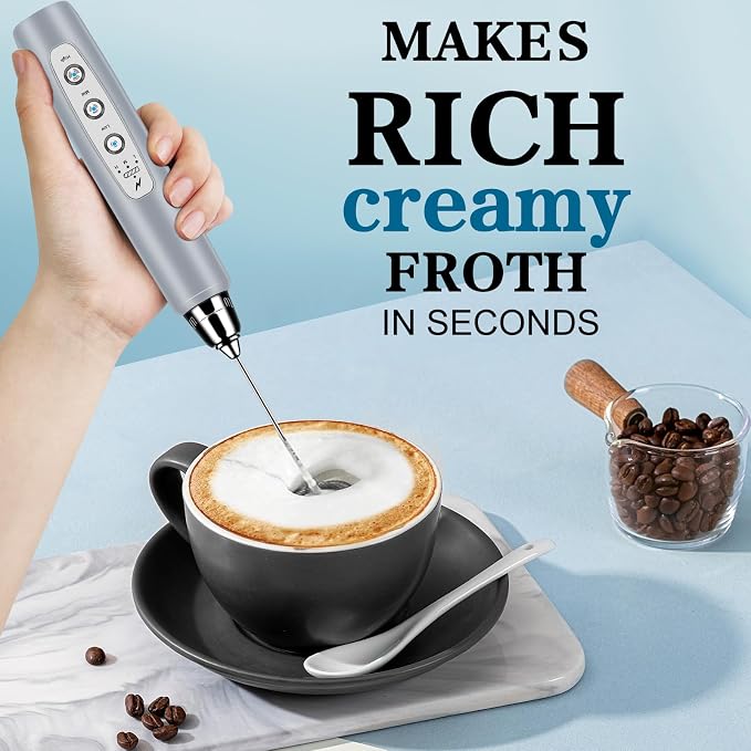 BSRGMS Milk Frother Handheld with Stand, Electric Whisk 3 Speed Adjustable, Drink Mixer with Stainless 3 Whisks, Rechargeable Hand Frother Wand, Foam Maker for Latte Cappuccino Matcha Egg Cement Gray