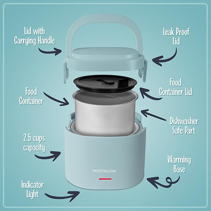 Nostalgia Portable Heated Lunch Box – 2.5-Cup Stainless Steel Food Warmer – Detachable Cord, Leak-Proof Lid, Carry Handle – Portable for Work & Travel – Chambray