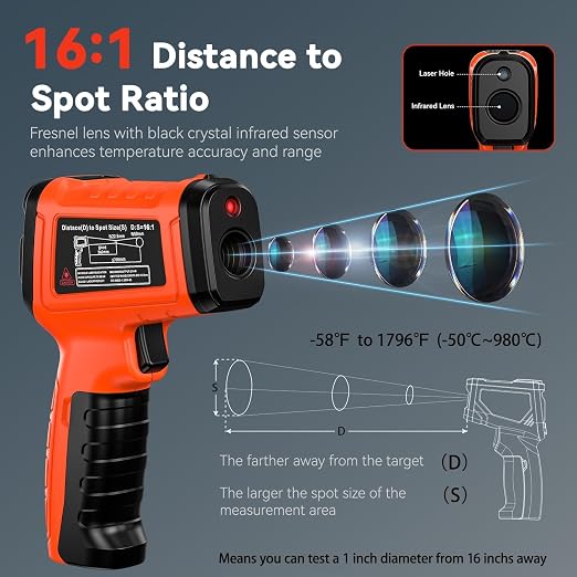 Laser Thermometer -58°F to 1796°F, Dual-Mode Infrared Thermometer Temperature Gun with K-Type Thermocouple, IR Thermometer Gun for Reptiles, Cooking, Griddle, Oven, 16:1 Home Handheld Temp Guns