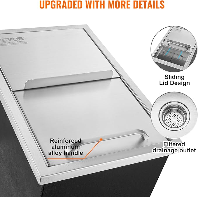 VEVOR Drop in Ice Chest, 18"L x 12"W x 14.5"H Stainless Steel Ice Cooler, Commercial Ice Bin with Sliding Cover, 40.9 qt Outdoor Kitchen Ice Bar, Drain-pipe and Drain Plug Included, for Cold Wine Beer