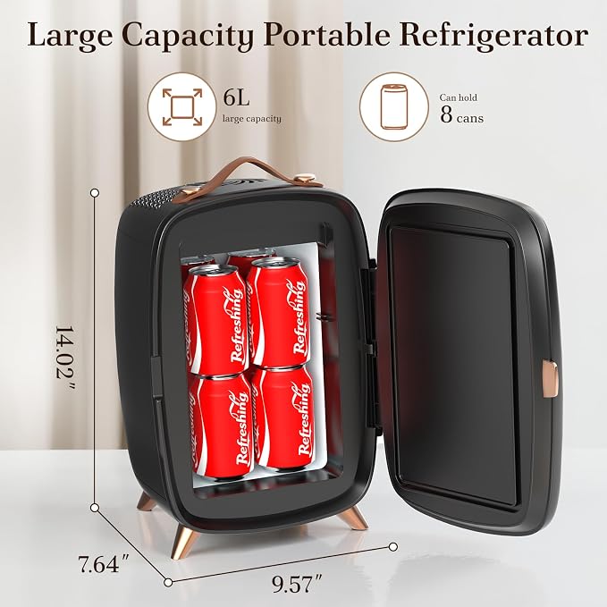 Electactic Mini Skincare Fridge with Dimmable LED Mirror, 6L Makeup Fridge Holds 8 Cans, 7° Lean-Back Mirror Design, Portable Cosmetic Refrigerator for Skincare, Beauty Products & Drinks, Black