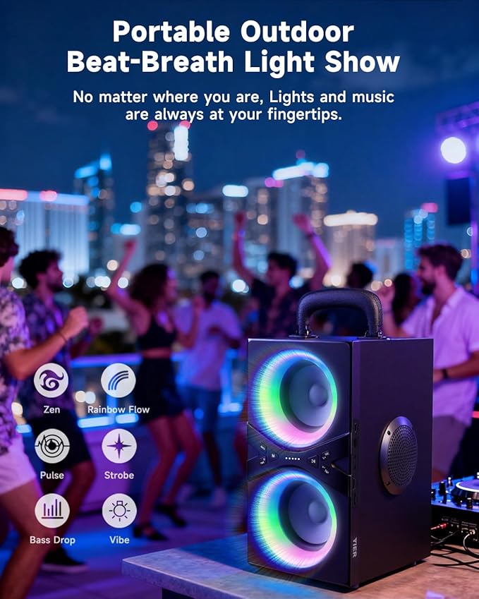 YIER Party Bluetooth Speaker:80W Peak Large Stereo Sound for Outdoor,Deep Bass,TWS,Loud with Lights,Portabe Wireless Big Speakers with Long Playtime,House,Projector,Movie