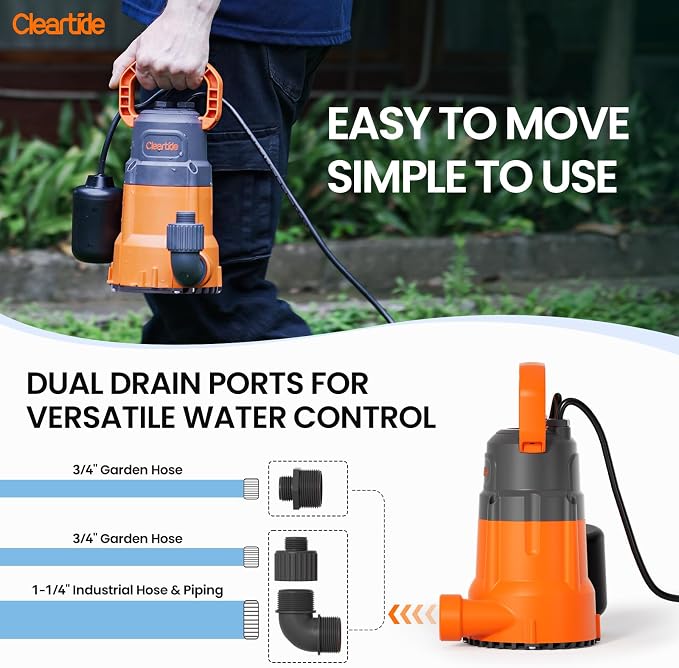 Cleartide Submersible Utility Pump with Float Switch, 2160 GPH High Flow, Water Pump with Copper Motor, Ideal for Yard and Flooded Cellar, Hot Tub, Garden Irrigation
