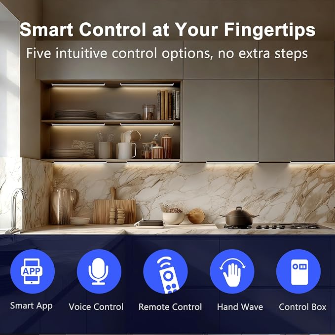 VST Smart Under Cabinet Lighting 6 Bars - UL Listed CRI 93+ Adjustable Strip Lights, Alexa & Google Home Compatible, App/Voice/Hand Wave Control for Kitchen Cabinets & Closets