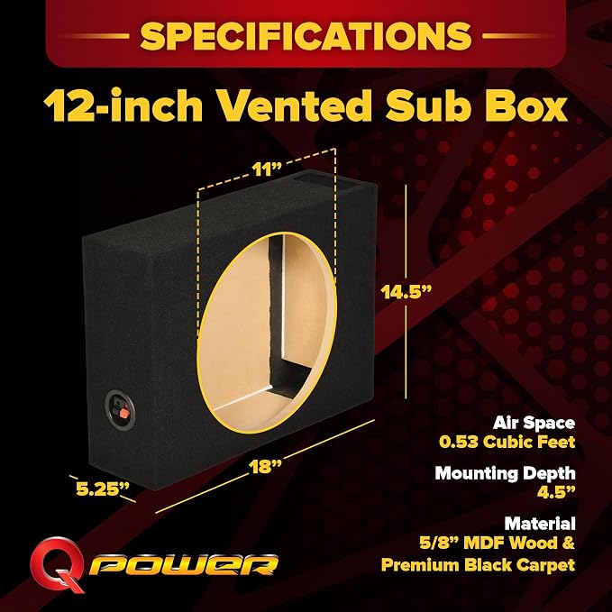 QPower Single 12-Inch Vented Shallow Subwoofer Box – Audio Box Enclosure with Black Carpet Exterior – Solid 5/8-Inch MDF Construction