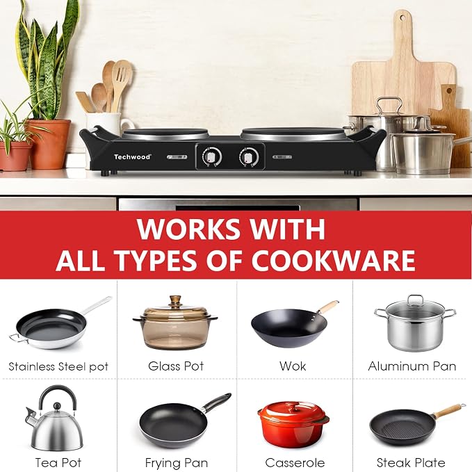 Techwood ES-3203 Hot Plate Electric Double Burner 1800W for Cooking with Adjustable Temperature & Stay Cool Handles, Black Stainless Steel, Compatible for All Cookwares