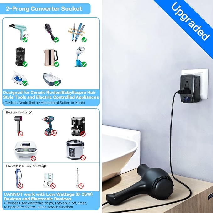 220V to 110V Converter, 2000W Travel Voltage Converter for Hair Dryer Straightener Curling Iron,10A Power Adapter is Easy to Carry for National Travel,with 2USB and UK/EU/AU Plugs