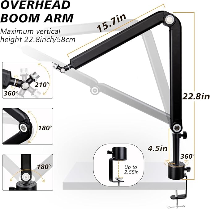 Blue Yeti Boom Arm with Extension Tube - Mic Boom Arm Compatible with HyperX QuadCast, Weighted Metal Height adjustment Mic Arm for QuadCast,Blue Yeti,Shure MV7,Rode and Most Gaming Mic By SUNMON