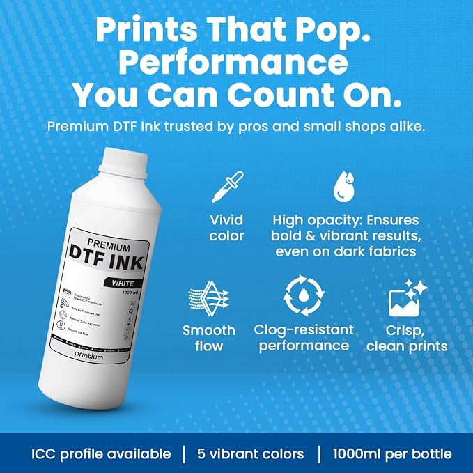 DTF Ink White 33.8 fl oz (1000ml) | High Opacity Clog-Free Formula | Compatible with ET8550 L1800 XP600 I3200 4720 XP15000 & All Printheads | Reliable Color Accuracy & Smooth Flow