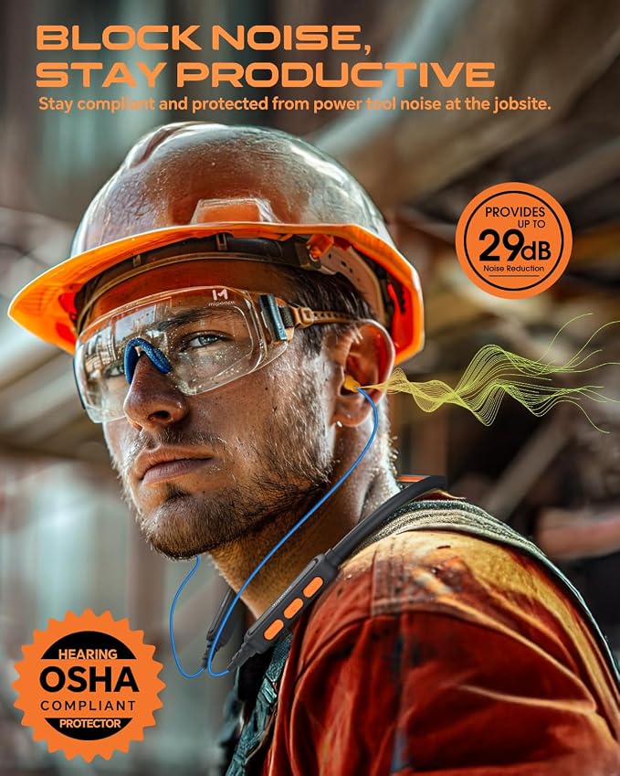 MIPEACE Neckband Bluetooth Work Headphones, 29dB Work Earbuds Bluetooth OSHA Approved-Ear Protection Headphones Noise Reduction for Construction Safety Industry, 20+Hour Battery, 4 EQ Modes