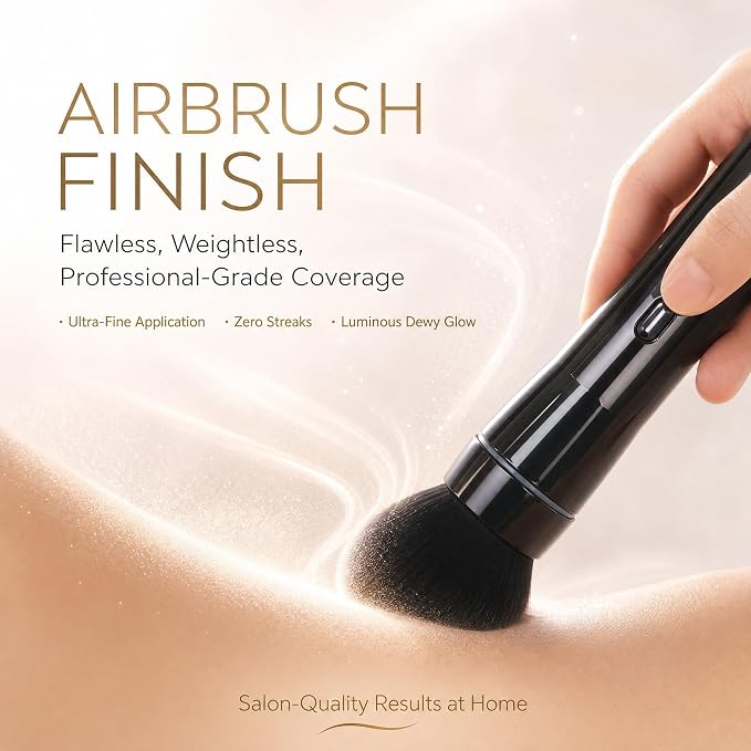 360° Rechargeable Rotating Makeup Brush Set, 5 Vegan Brush Heads, Electric Blending Face Brushes For Foundation, Blush, Powder, Bronzer, Contour, Highlight & Airbrush Finish, Flat Kabuki Brush