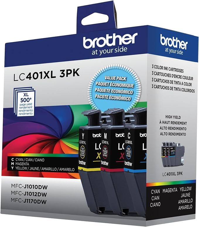 Brother Genuine LC401XL 3PK High Yield 3-Pack Color -Ink -Cartridges Includes 1- -Cartridge Each of Cyan, Magenta and Yellow -Ink.