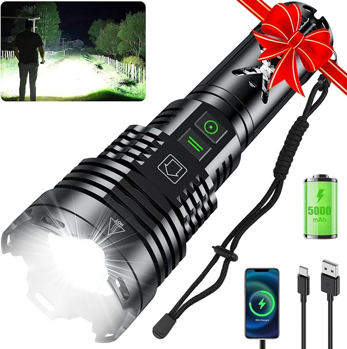LED Rechargeable Flashlights High Lumens,2600,000 Lumens Super Bright Flashlight with Type-C Charging Port,6 Light Modes,Zoomable,IP67 Waterproof, Tactical Flashlight for Emergencies Camping