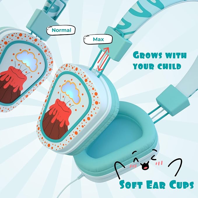 Kidrox® Kids Headphones Wired LED Lights with Microphone, Durable and Flexible, Volume Limited 85/94db Kid Safe Dinosaur Headphones for Kids, Perfect for School or Travel. USB C Wired