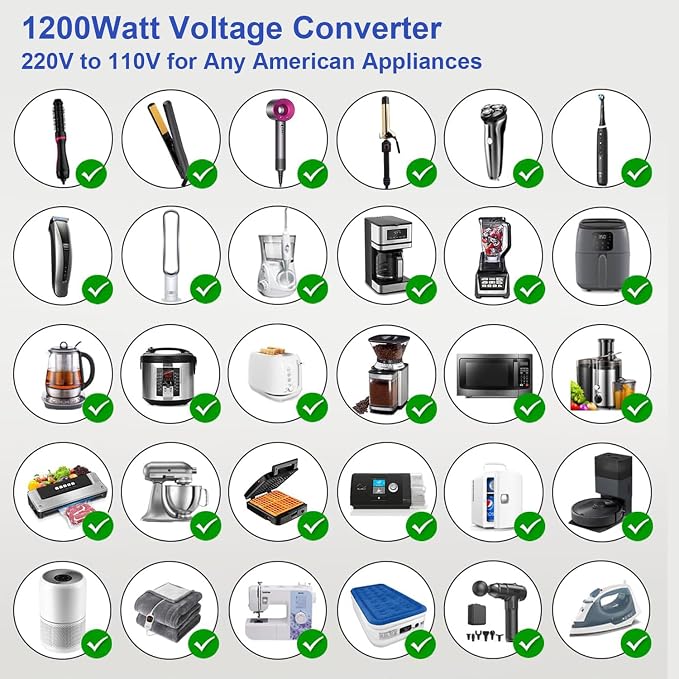 1600W 220V to 110V Voltage Converter, Power Any American Appliances in 220-250V, No Limitations, Plug & Play, Universal Power Adapter Voltage Converter US to Europe International Travel